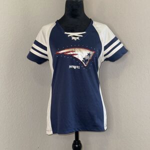 Majestic Jersey Women's Medium Blue White New England Patriots Logo Short Sleeve
